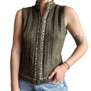 Vintage Womens Woolrich Green Ribbed Nordic Cotton Blend Full Zip Sweater Vest
